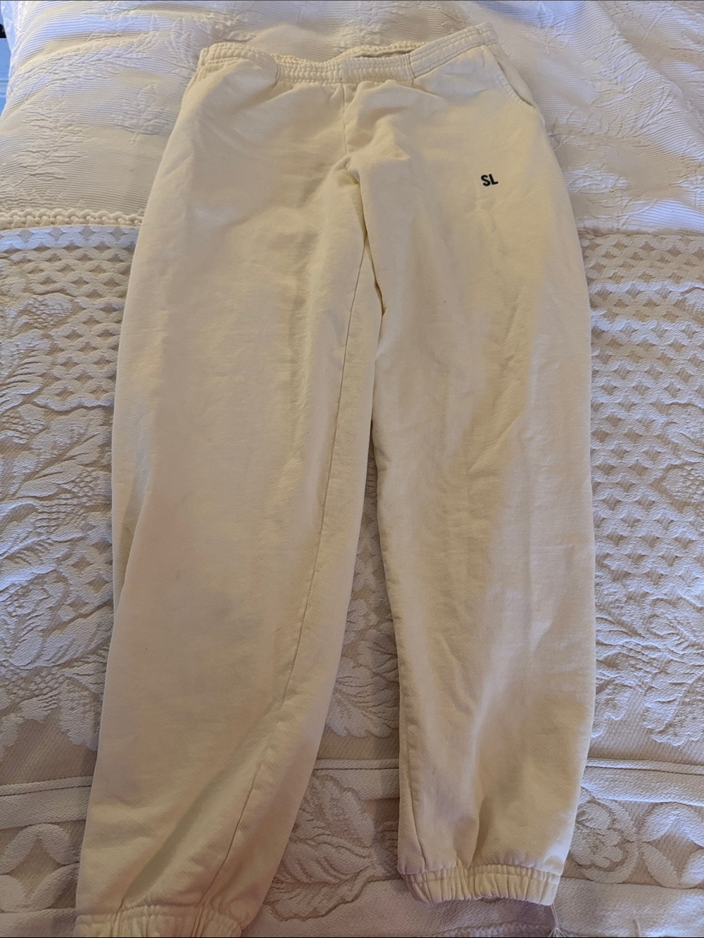 Thick, well made, Cream Cozy Sweatpants with Subtle Logo